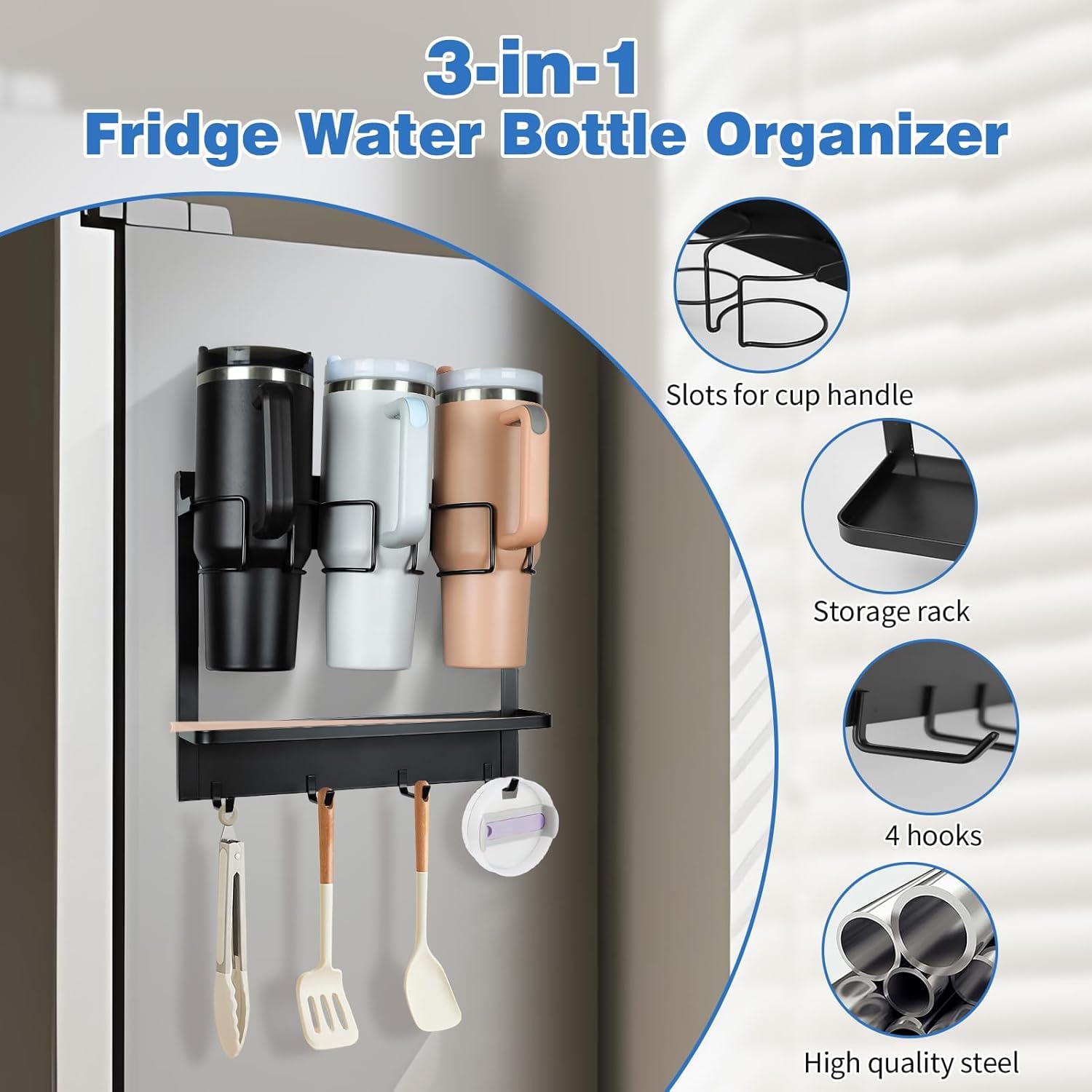 Magnetic Tumbler Organizer for 40 oz Water Bottle Holder with 4 Hooks (Black) - salesmania