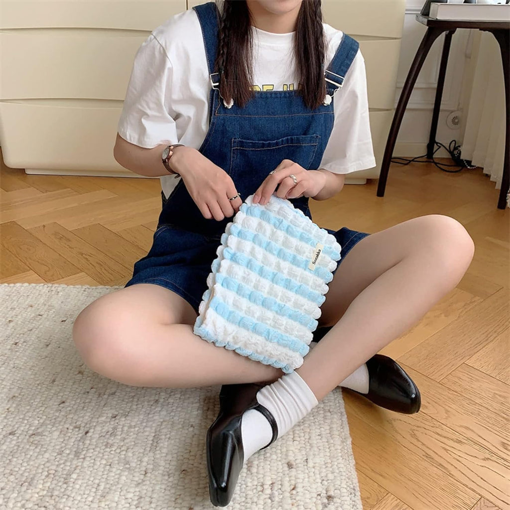 Makeup Bag Cute Makeup Bag Small Cosmetic Pouch (White/Blue) - salesmania