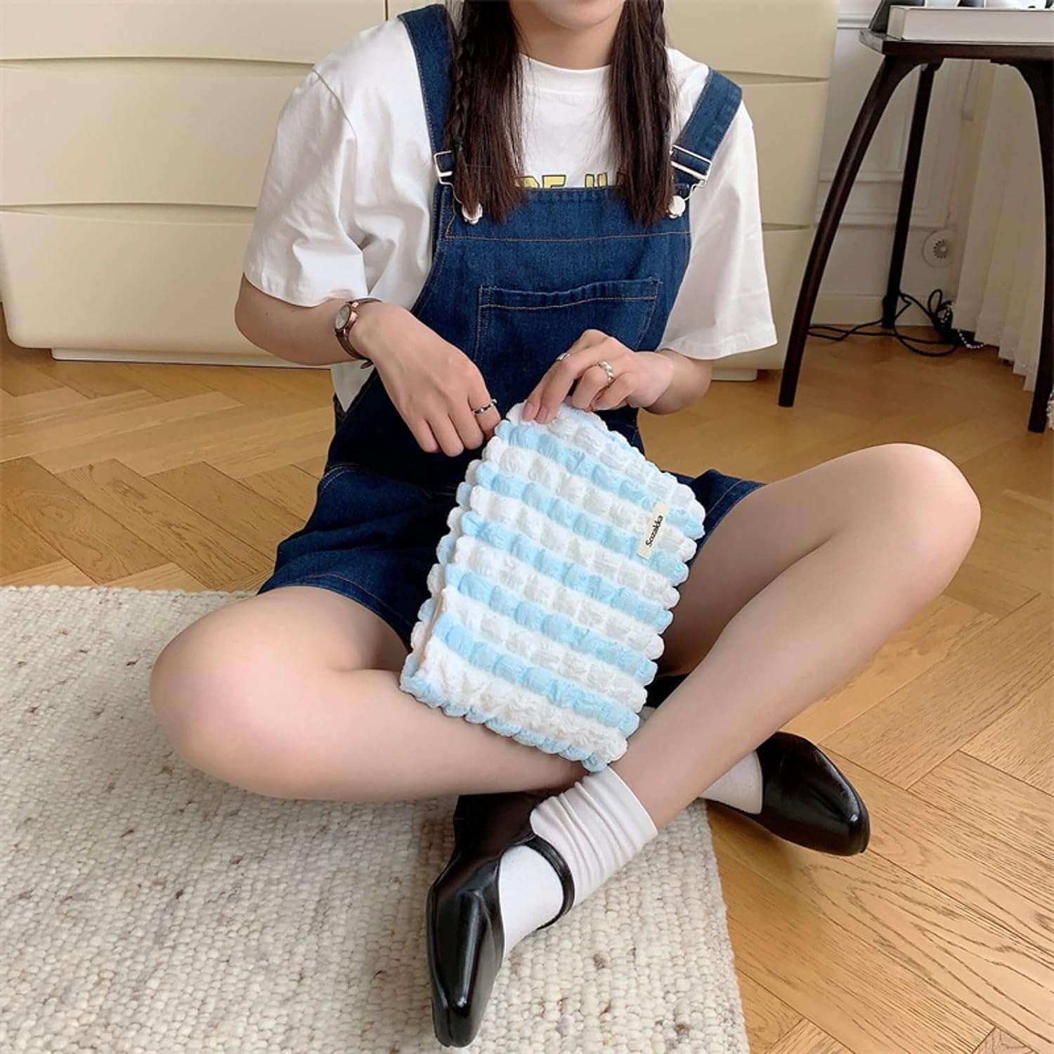 Makeup Bag Cute Makeup Bag Small Cosmetic Pouch (White/Blue) - salesmania