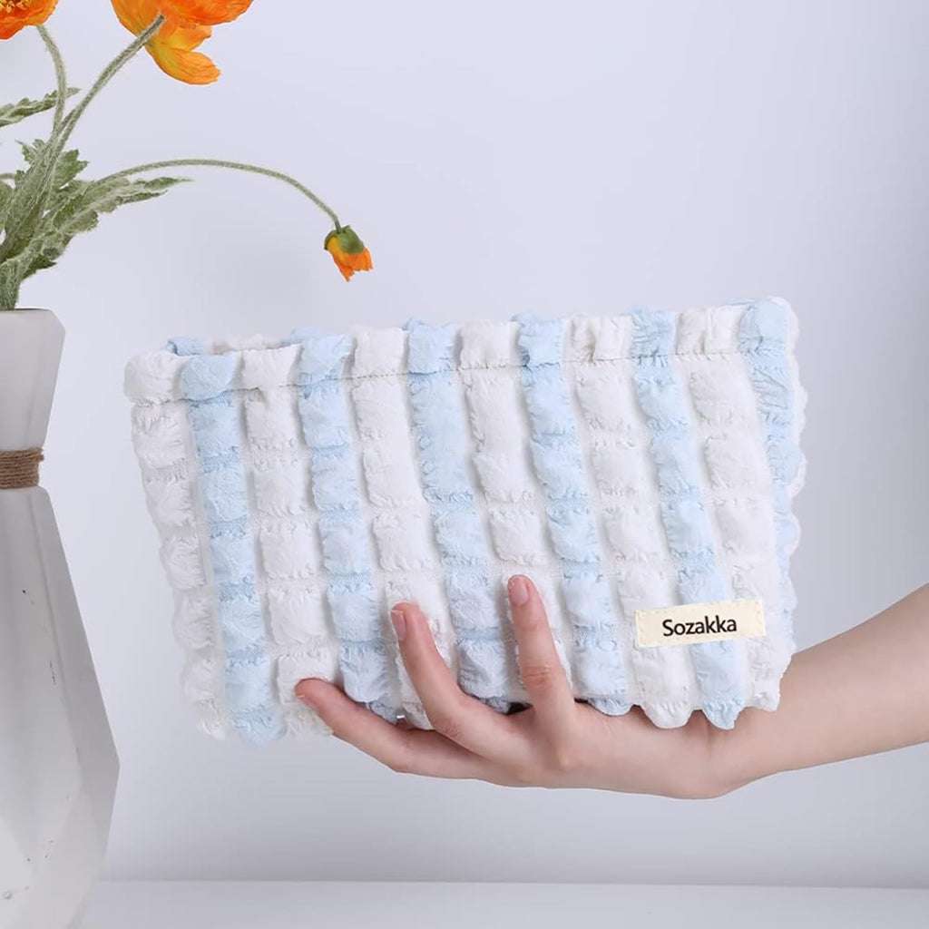 Makeup Bag Cute Makeup Bag Small Cosmetic Pouch (White/Blue) - salesmania
