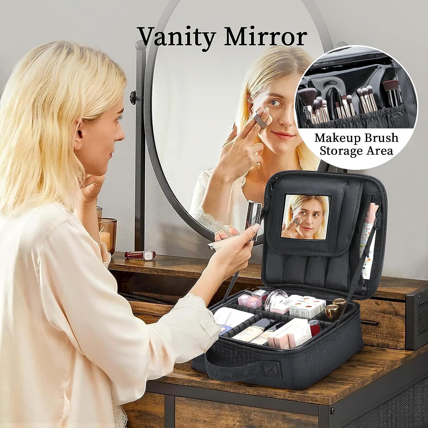 Makeup Bag with Mirror, Cosmetics Organizer Bag (Light Pink) - salesmania