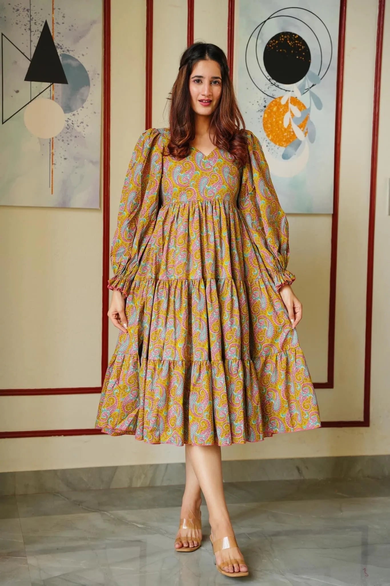 mustard paisley tiered dress - salesmania