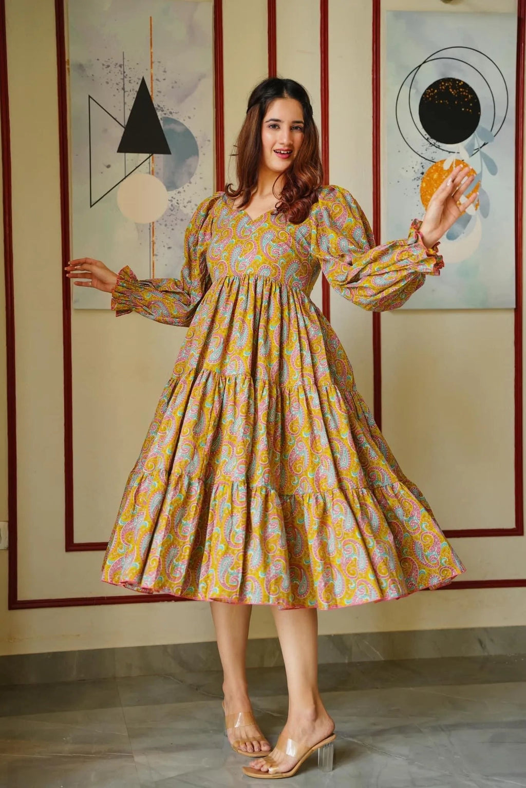 mustard paisley tiered dress - salesmania