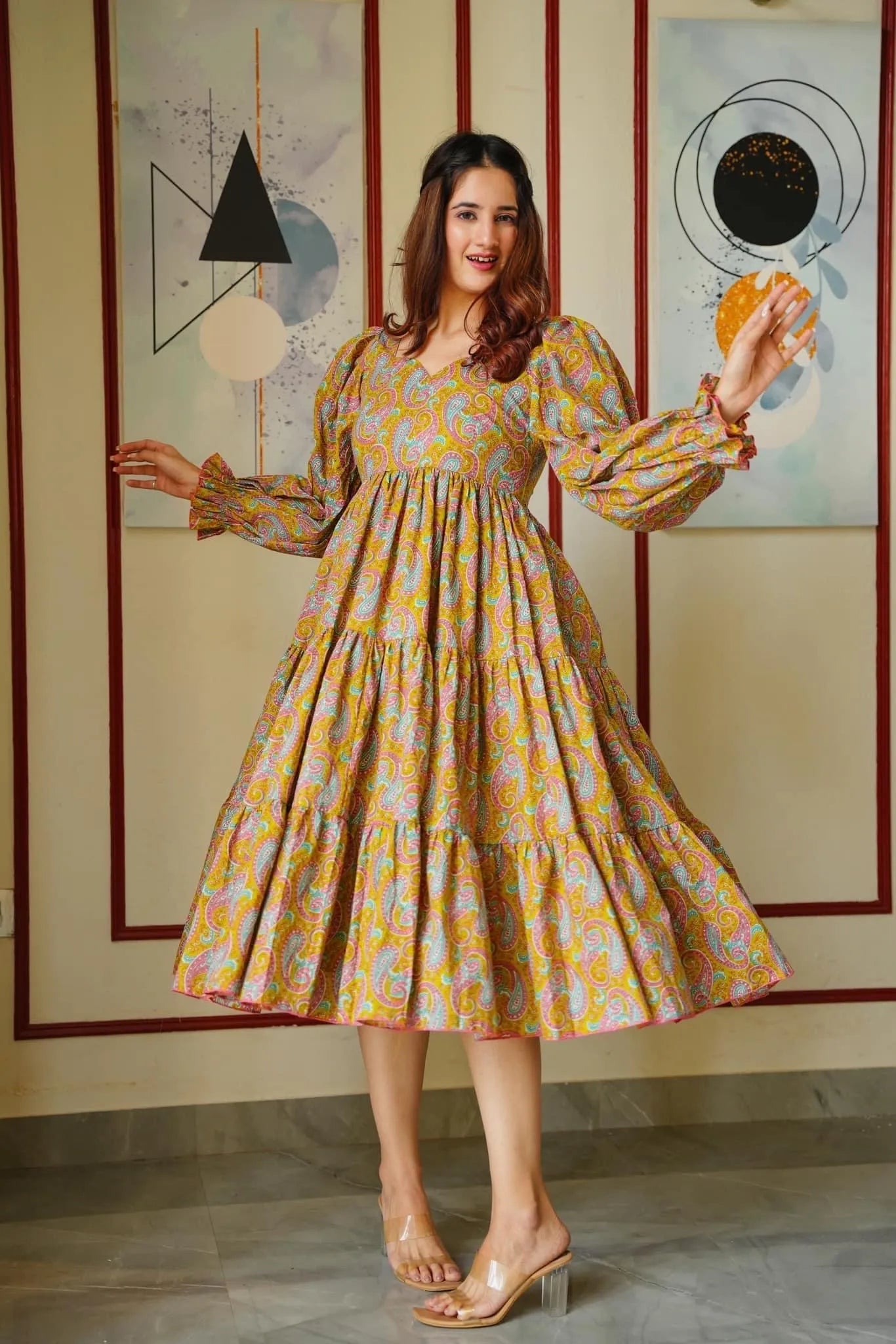 mustard paisley tiered dress - salesmania