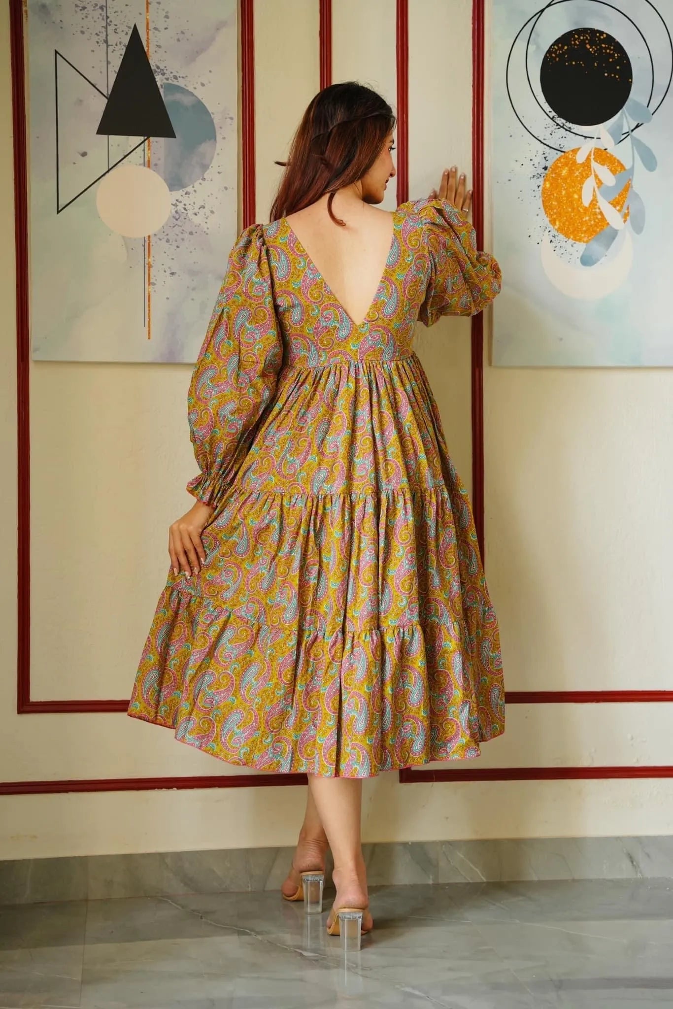 mustard paisley tiered dress - salesmania