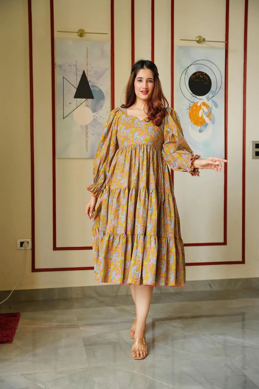 mustard paisley tiered dress - salesmania