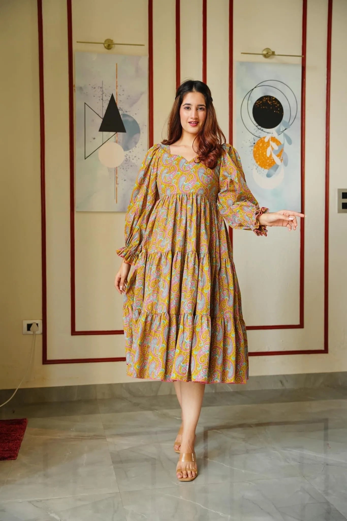 mustard paisley tiered dress - salesmania