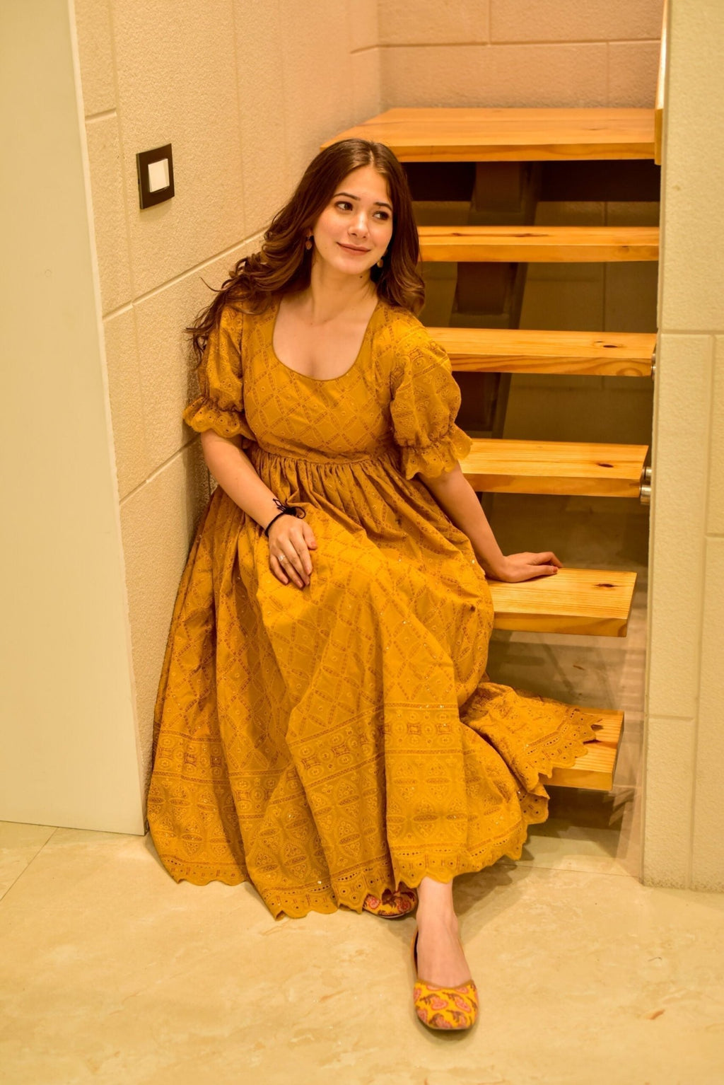 mustard sawan embroidered dress - salesmania