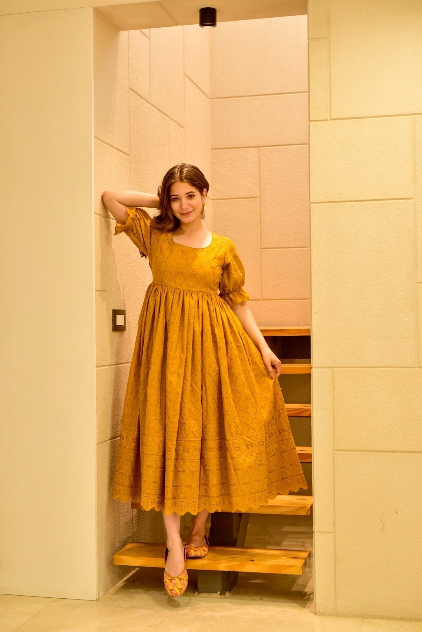 mustard sawan embroidered dress - salesmania