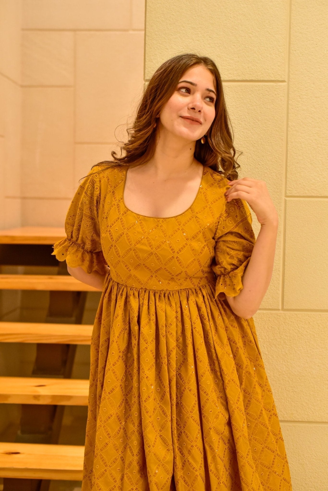 mustard sawan embroidered dress - salesmania