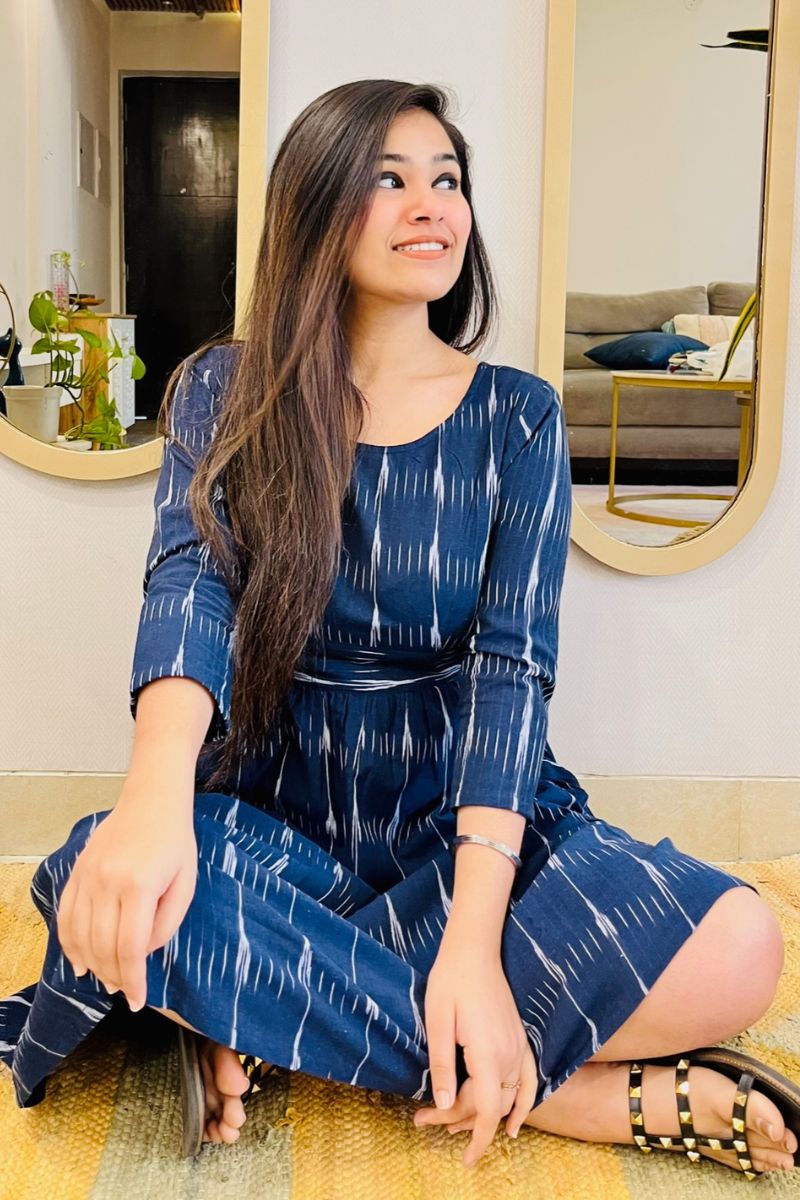 NAVY IKAT BOW - BACK FLARED DRESS - salesmania