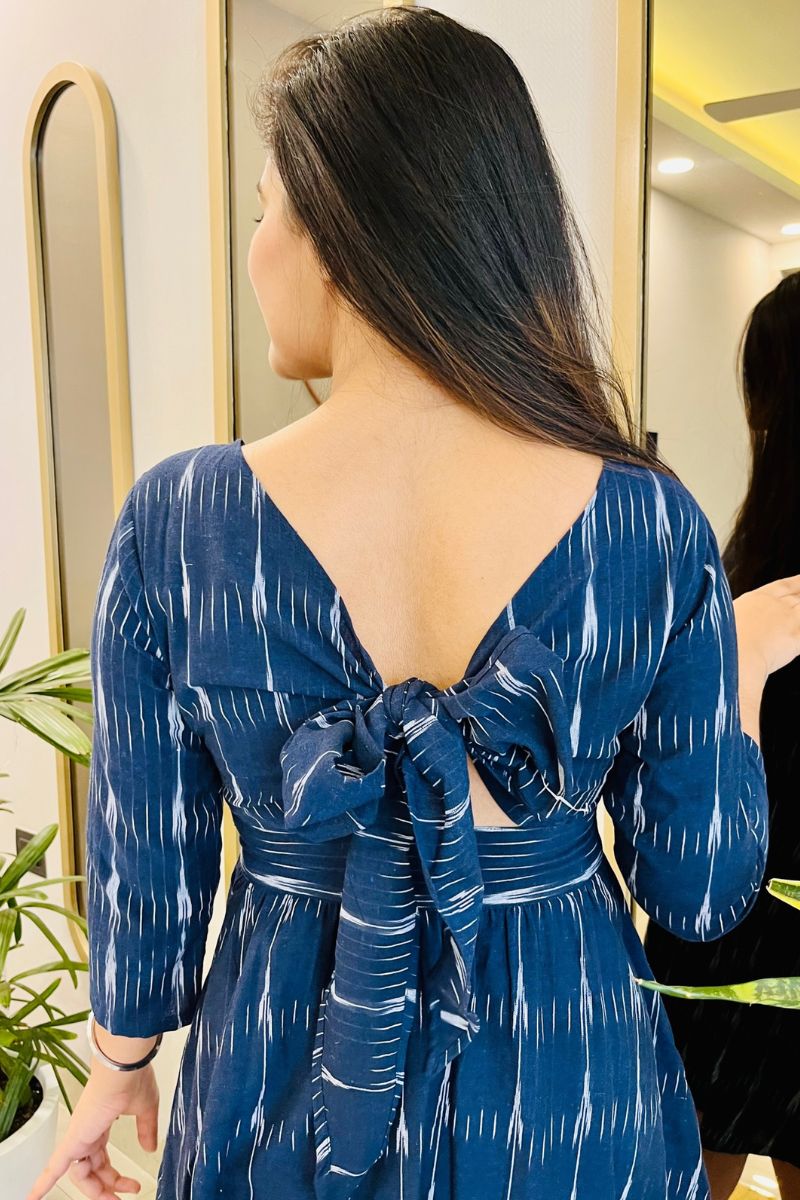 NAVY IKAT BOW - BACK FLARED DRESS - salesmania