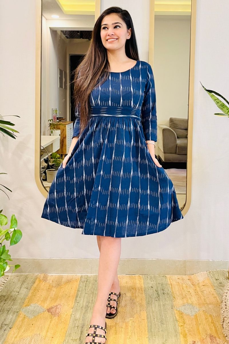 NAVY IKAT BOW - BACK FLARED DRESS - salesmania