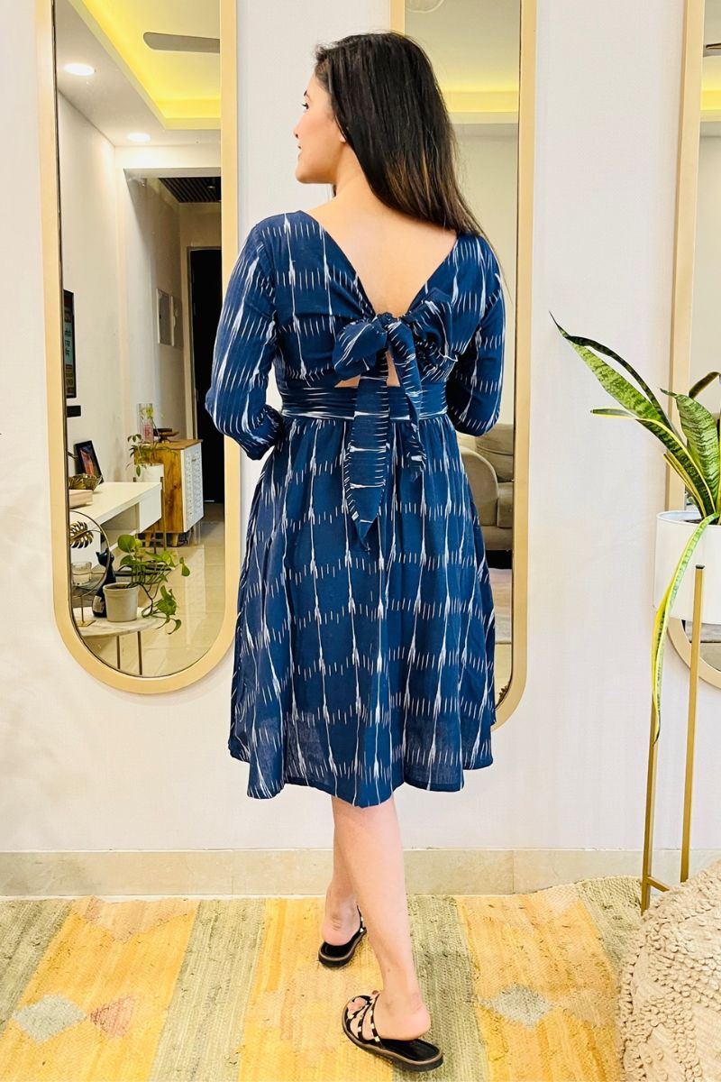 NAVY IKAT BOW - BACK FLARED DRESS - salesmania