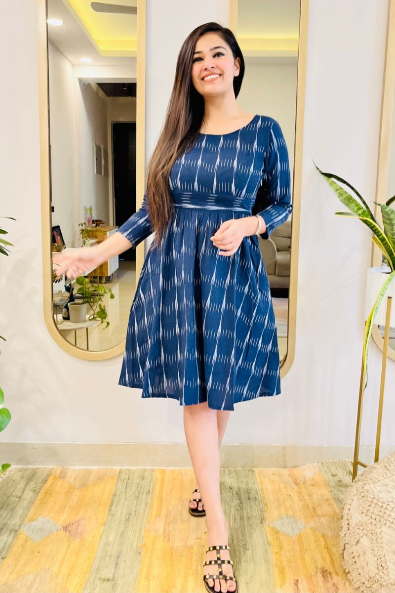 NAVY IKAT BOW - BACK FLARED DRESS - salesmania