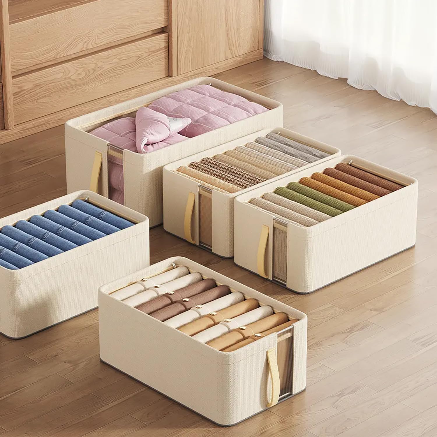 Oxford Cloth Storage Bins Closet & Wardrobe Shelves (Small Beige) - salesmania