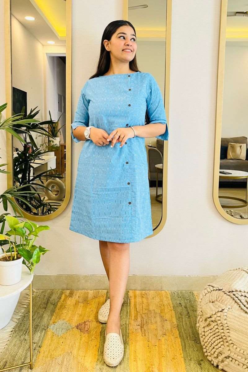 PASTEL BLUE FORMAL IKAT SHIFT DRESS - salesmania