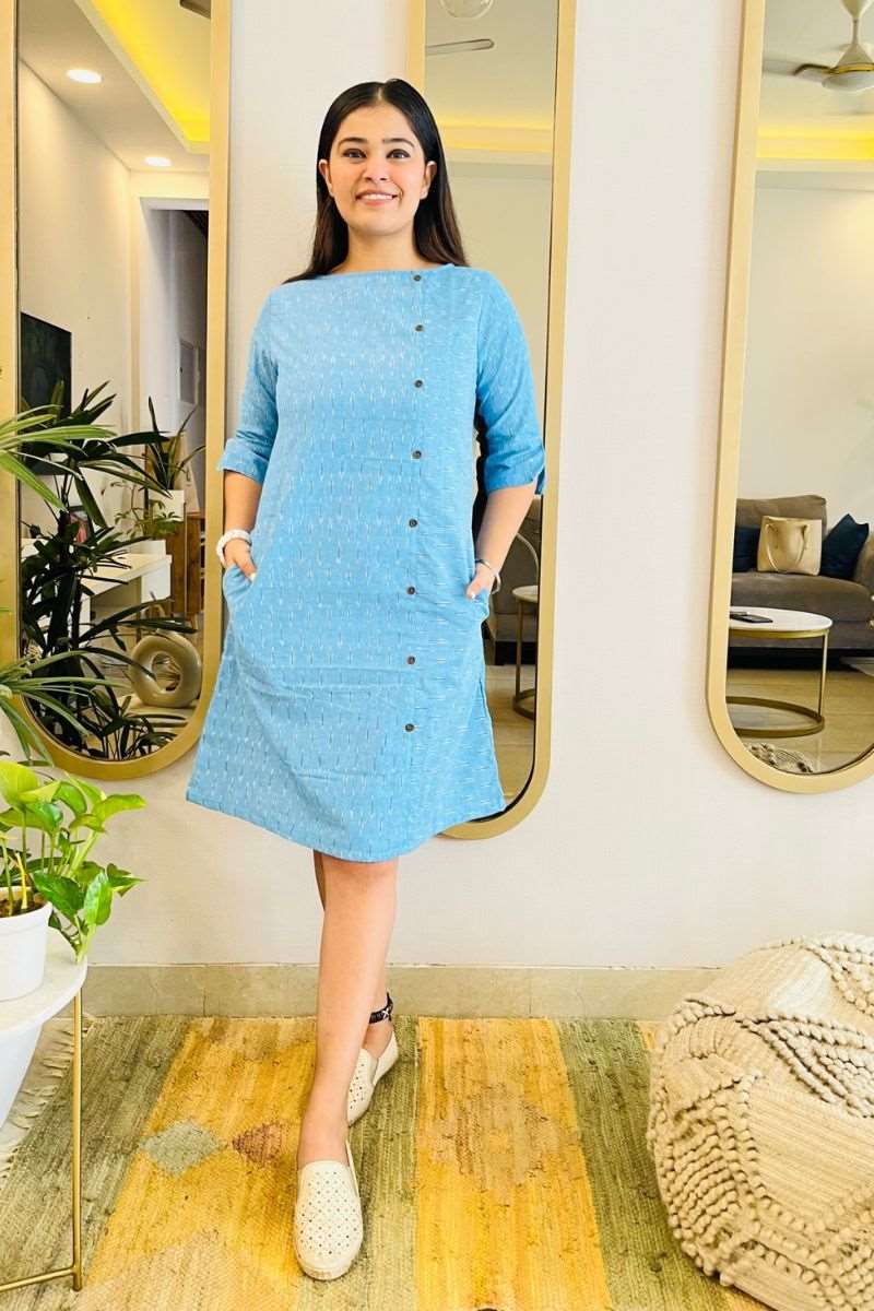 PASTEL BLUE FORMAL IKAT SHIFT DRESS - salesmania