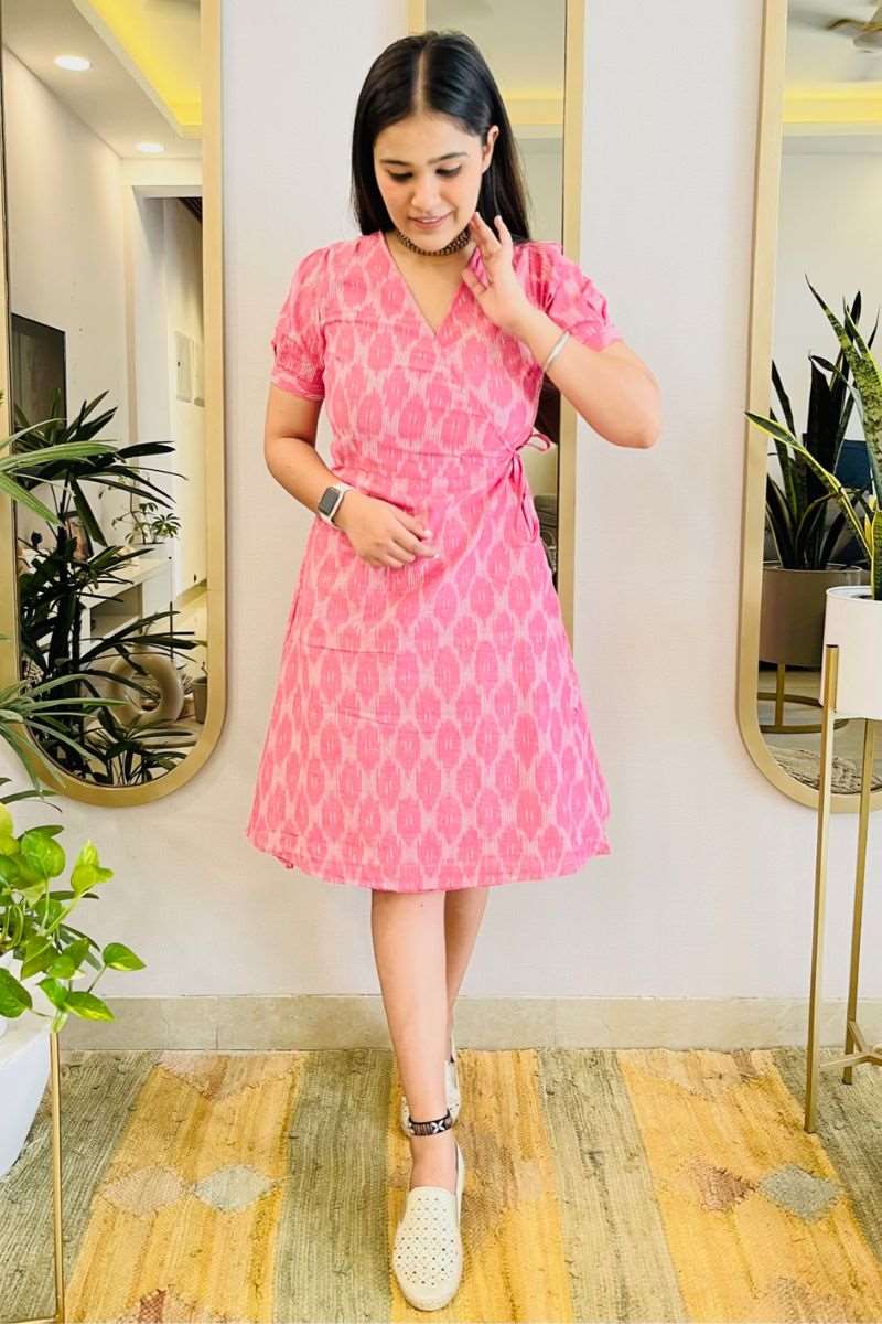 PASTEL PINK IKAT WRAP DRESS - salesmania