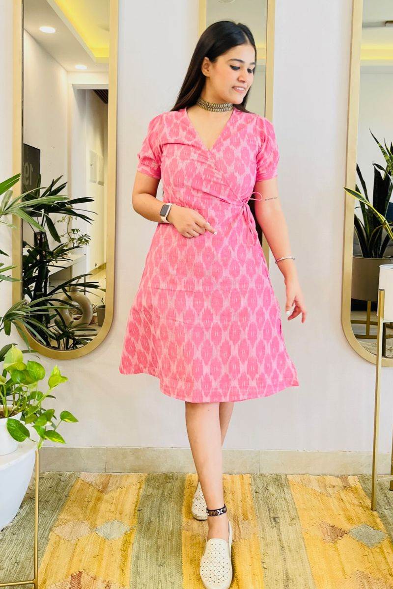 PASTEL PINK IKAT WRAP DRESS - salesmania