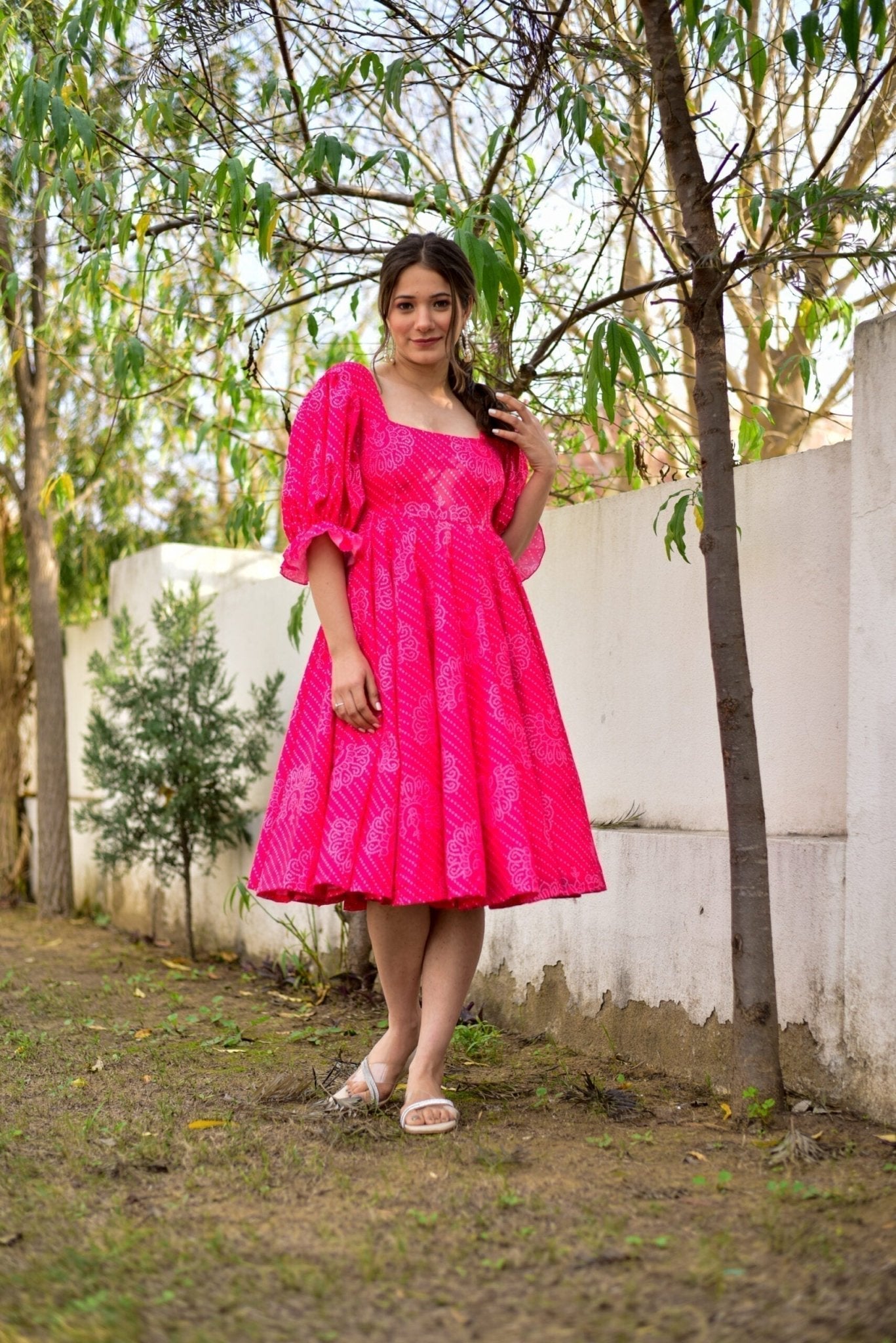 pink cotton bandhej dress - salesmania
