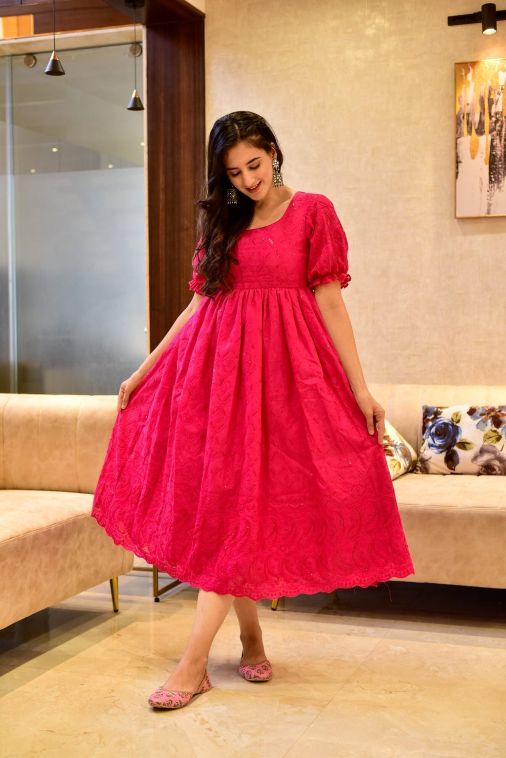 pink swan embroidered dress - salesmania