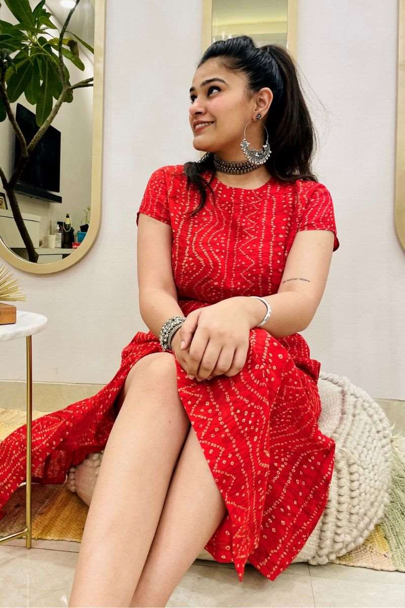 RED BANDHANI SLIT DRESS - salesmania