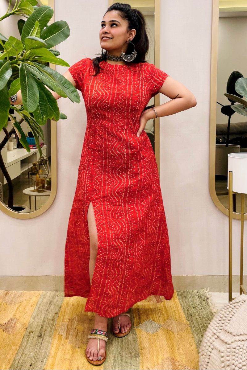 RED BANDHANI SLIT DRESS - salesmania