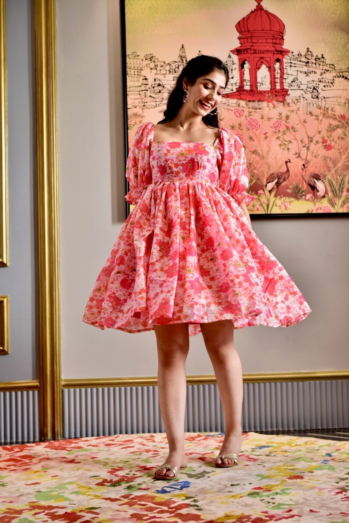 rose floral chanderi dress - salesmania