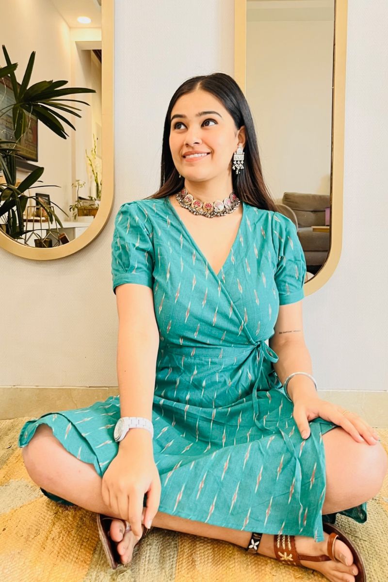 SEA GREEN IKAT WRAP DRESS - salesmania