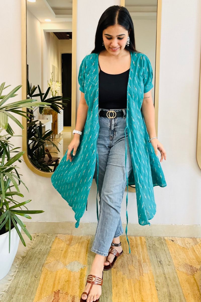 SEA GREEN IKAT WRAP DRESS - salesmania