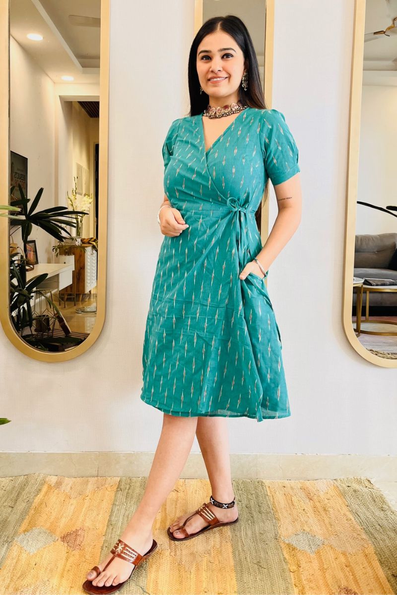 SEA GREEN IKAT WRAP DRESS - salesmania