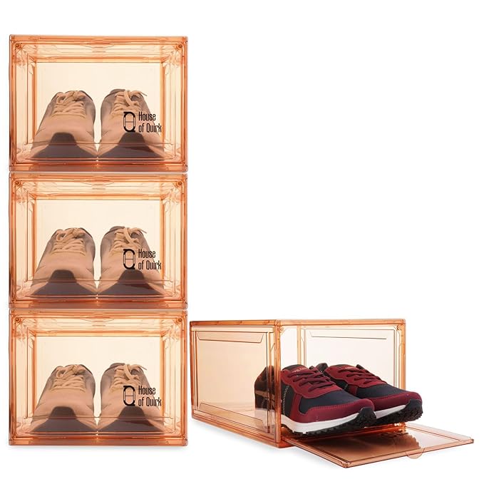 Shoe Organizer Large Shoe Boxes with Magnetic Door, Clear Stackable Plastic (Beige) - salesmania