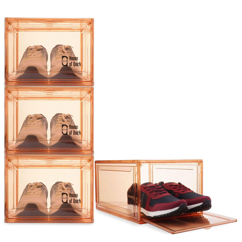 Shoe Organizer Large Shoe Boxes with Magnetic Door, Clear Stackable Plastic (Beige) - salesmania