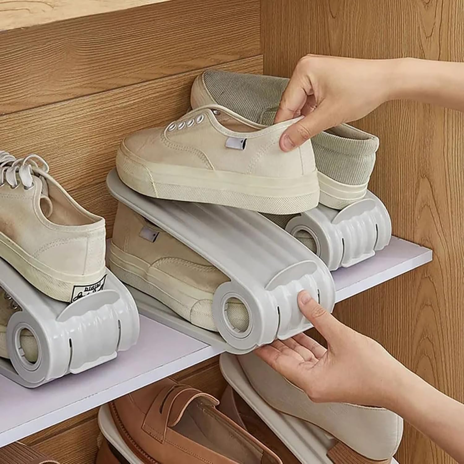 Shoe Slots Organiser Double Deck Shoe Holder - Grey - salesmania