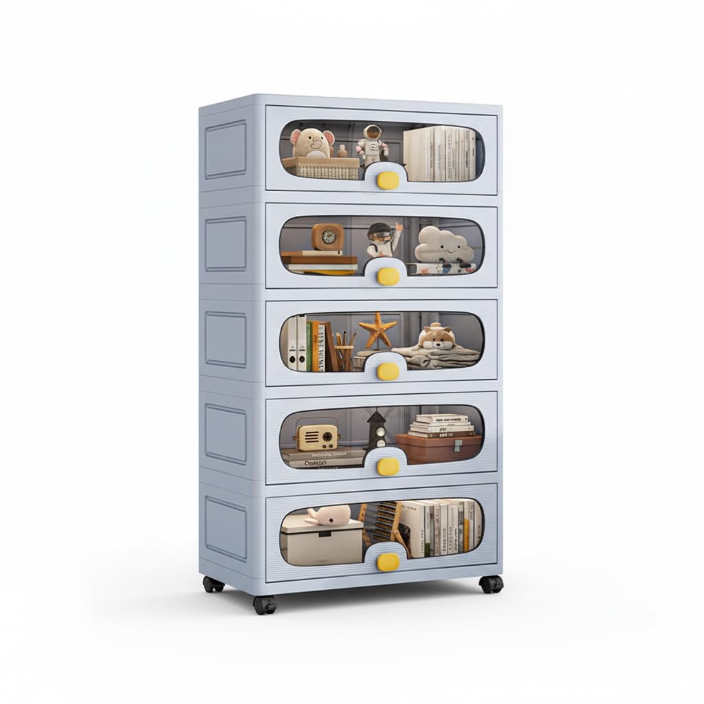 Stackable Collapsible Storage Box Cabinet with Wheels & Flip Doors (Grey) - salesmania