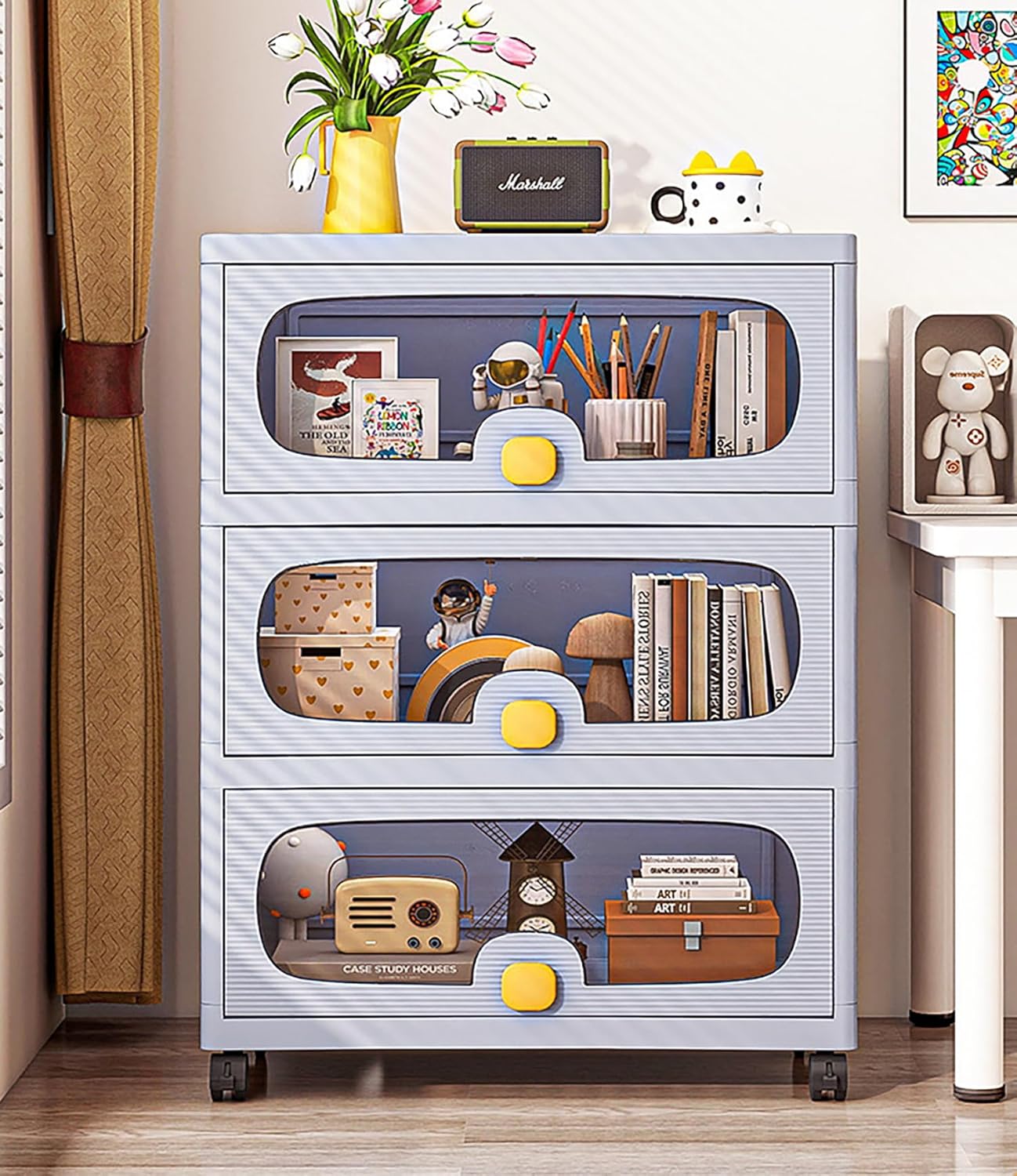 Stackable Collapsible Storage Box Cabinet with Wheels & Flip Doors (Grey) - salesmania