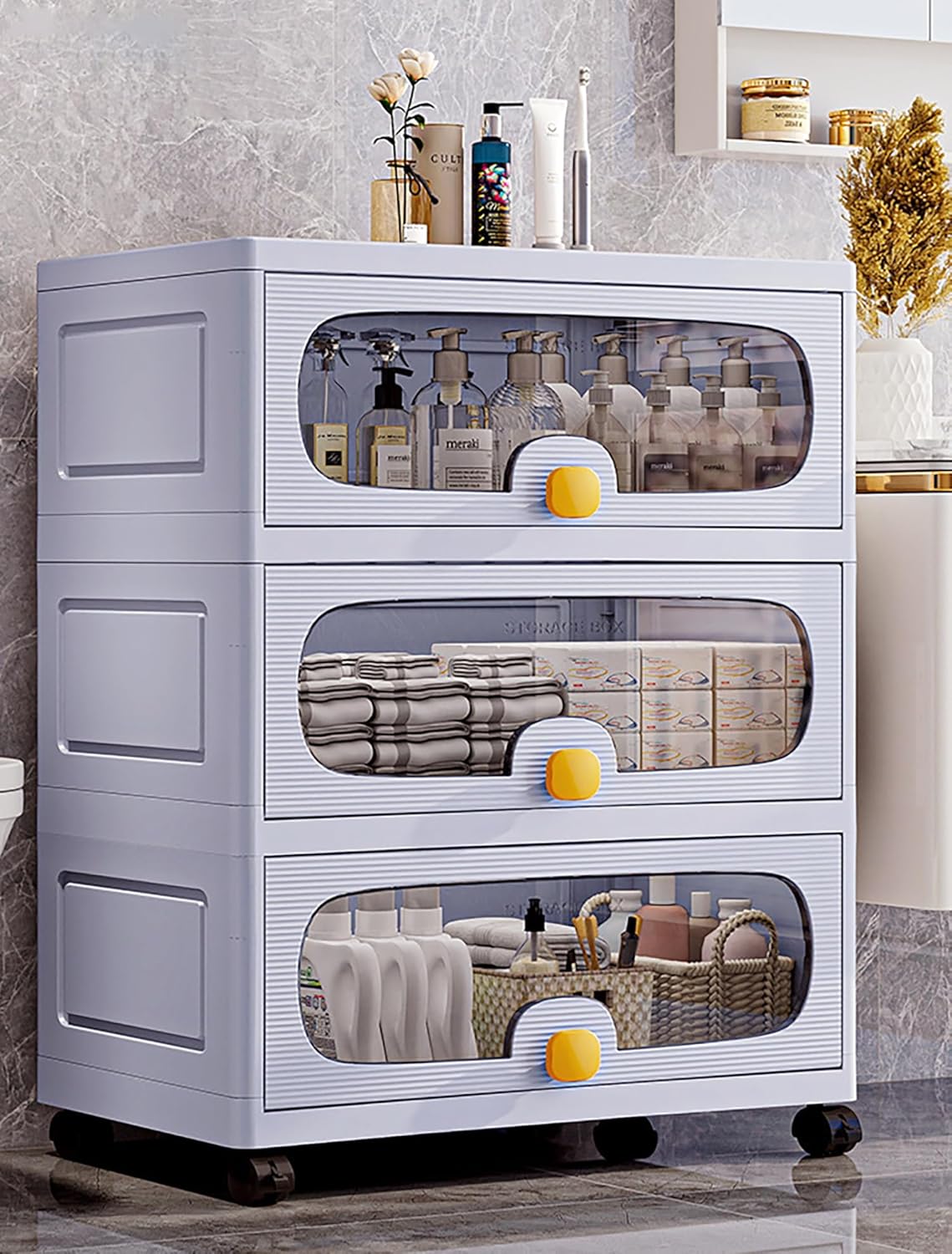 Stackable Collapsible Storage Box Cabinet with Wheels & Flip Doors (Grey) - salesmania
