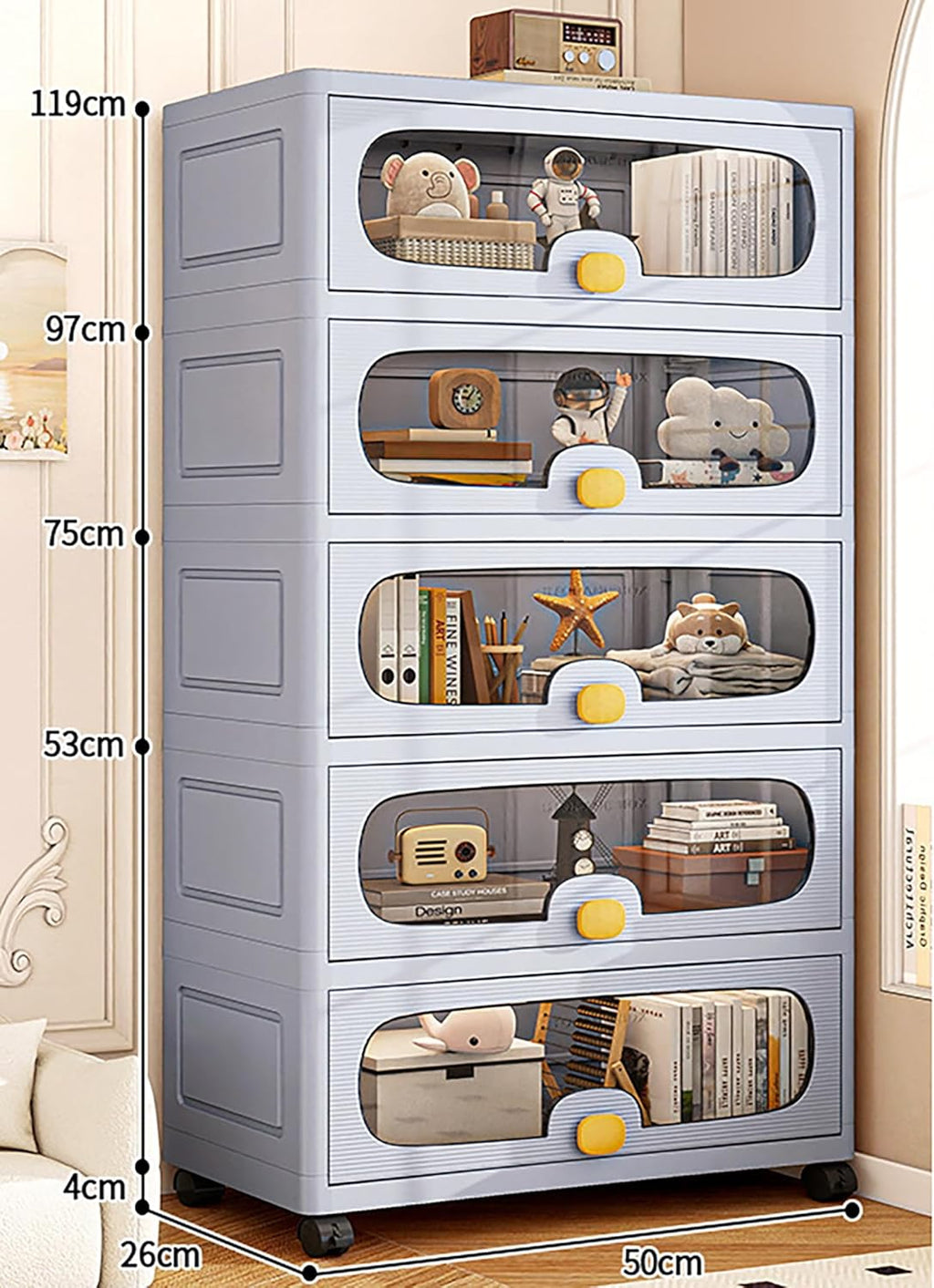 Stackable Collapsible Storage Box Cabinet with Wheels & Flip Doors (Grey) - salesmania