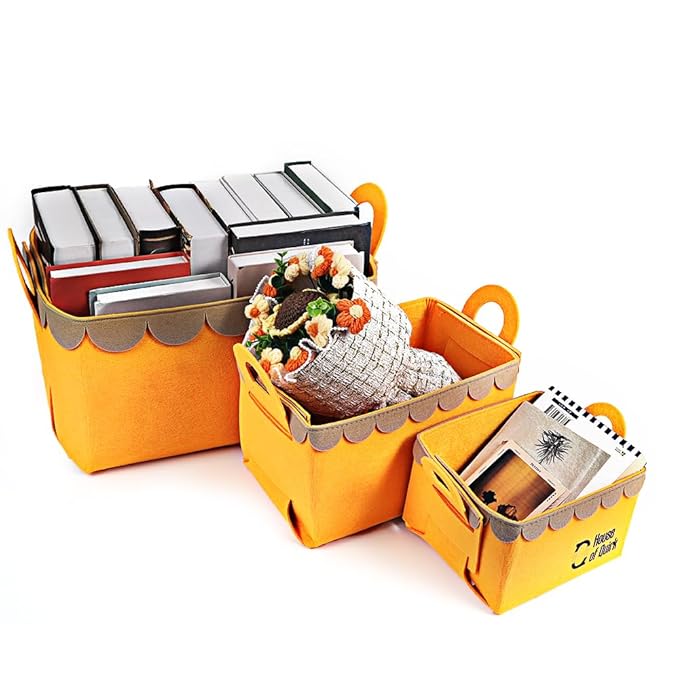 Storage Basket Felt Storage Bin Organizer with Carry Handles (Pack of 3) - salesmania