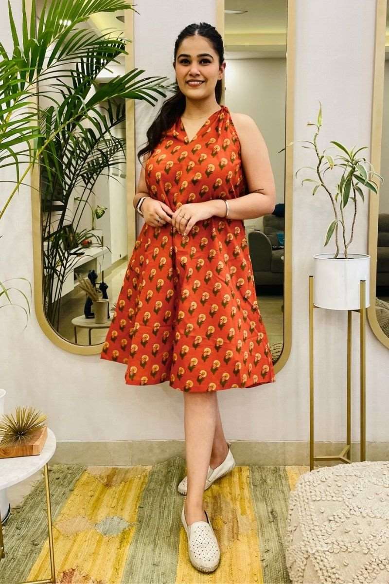 TANGERINE HAND BLOCK HALTER DRESS - salesmania