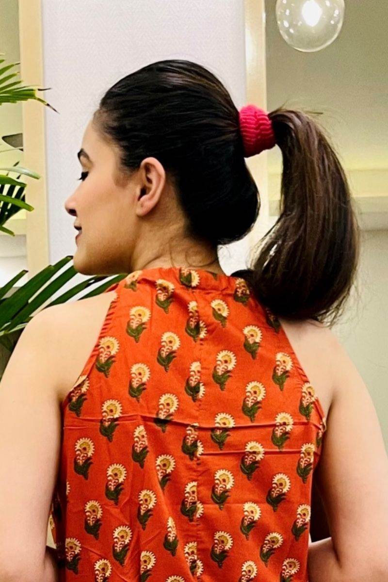 TANGERINE HAND BLOCK HALTER DRESS - salesmania