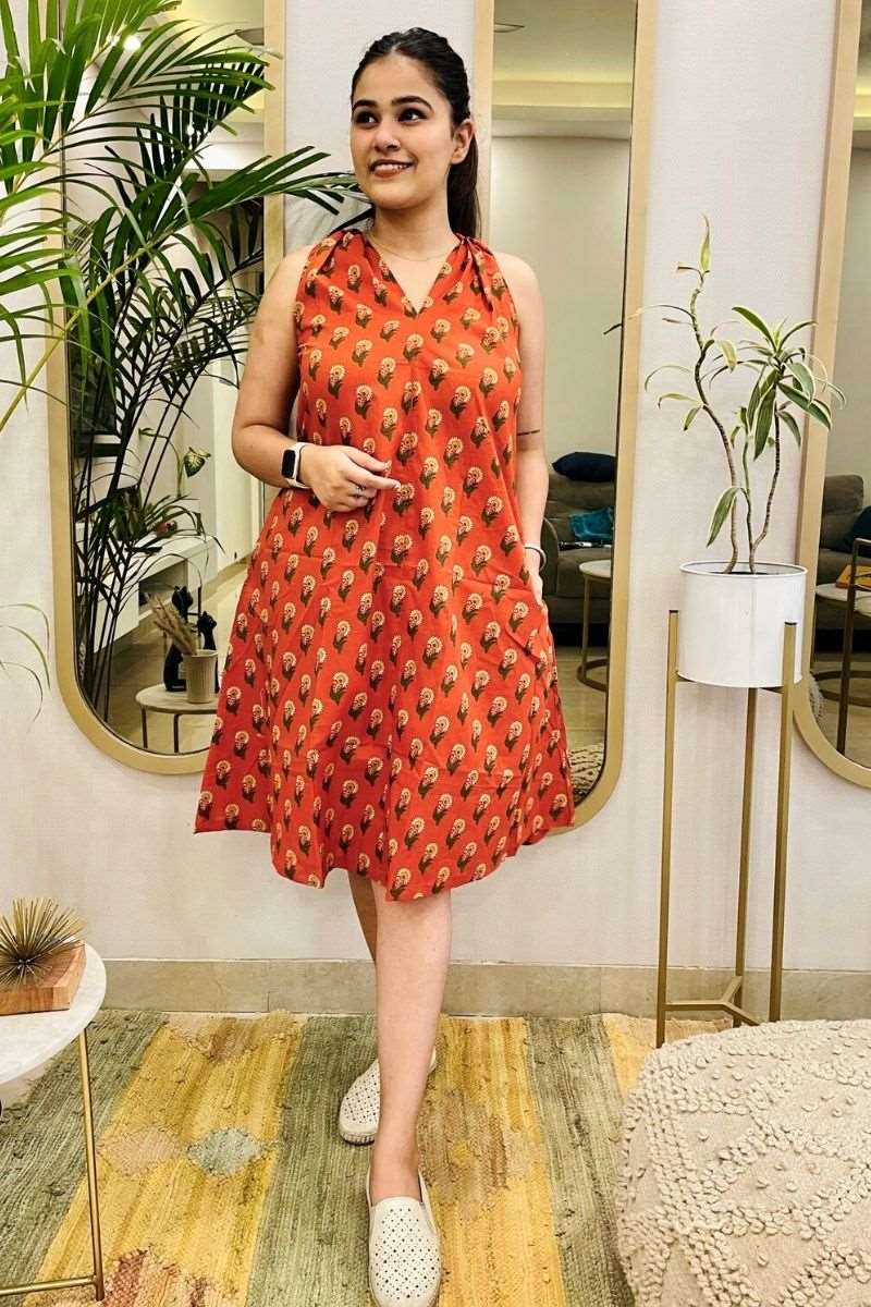 TANGERINE HAND BLOCK HALTER DRESS - salesmania