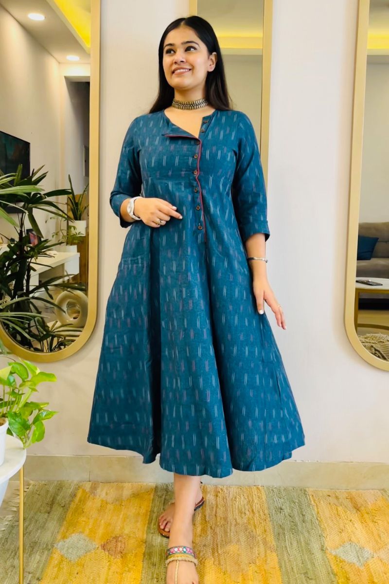 TEAL BLUE IKAT ANGRAKHA DRESS WITH RED DETAIL - salesmania
