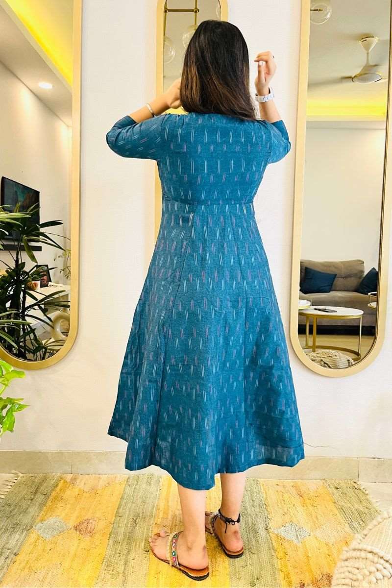 TEAL BLUE IKAT ANGRAKHA DRESS WITH RED DETAIL - salesmania