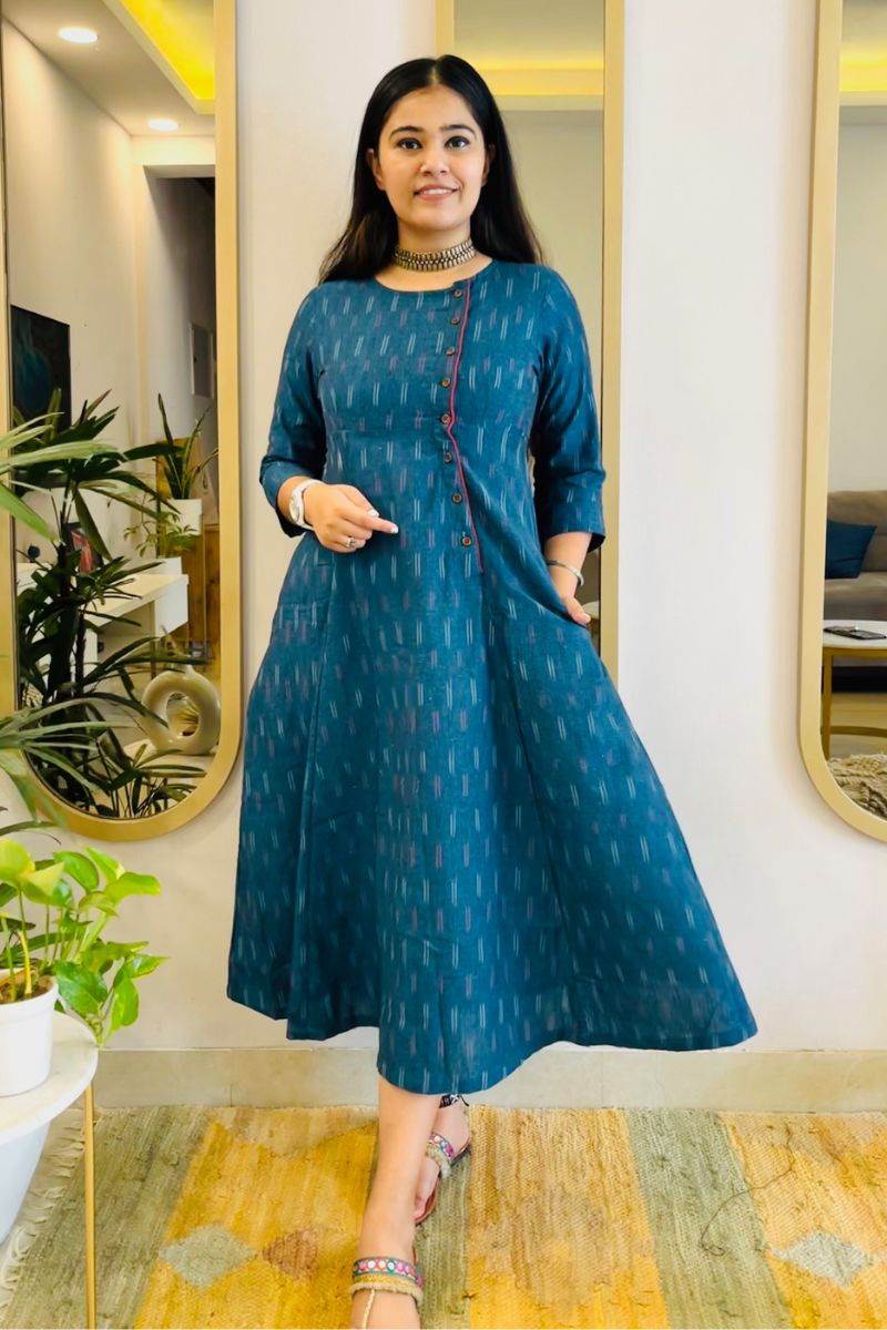 TEAL BLUE IKAT ANGRAKHA DRESS WITH RED DETAIL - salesmania