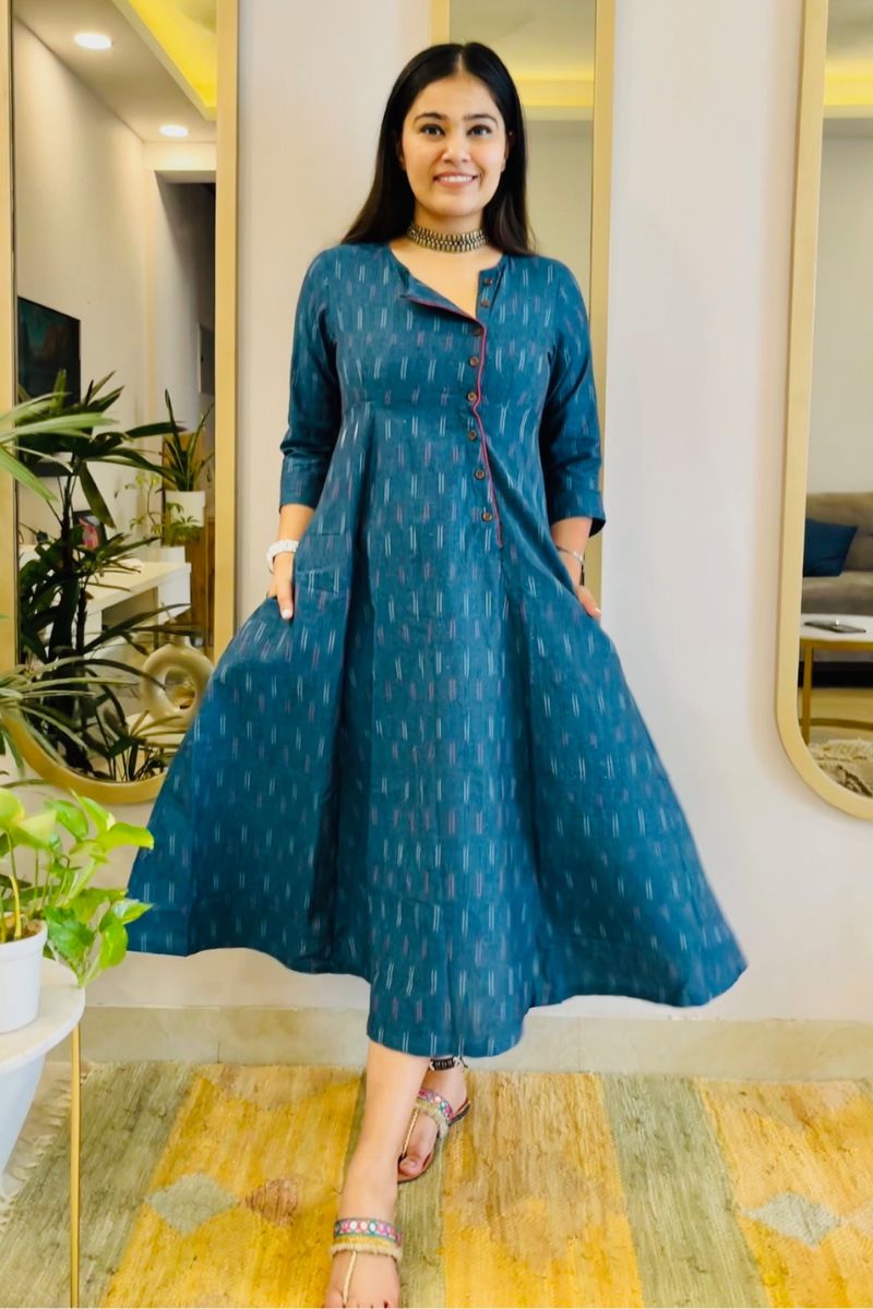 TEAL BLUE IKAT ANGRAKHA DRESS WITH RED DETAIL - salesmania