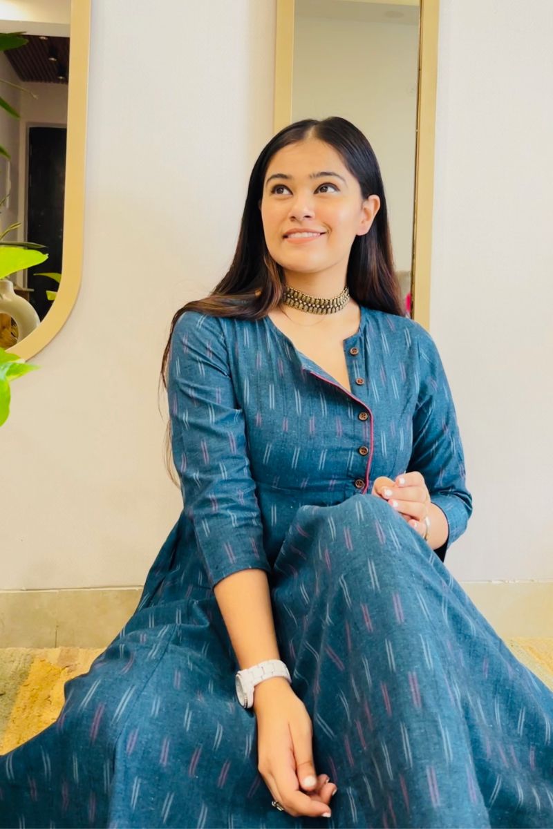 TEAL BLUE IKAT ANGRAKHA DRESS WITH RED DETAIL - salesmania