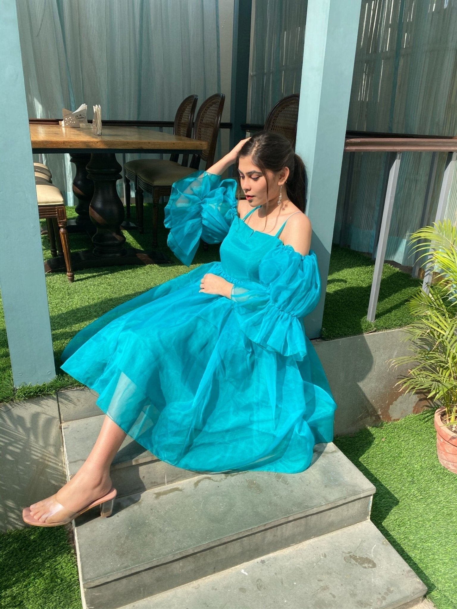 teal blue organza dress - salesmania