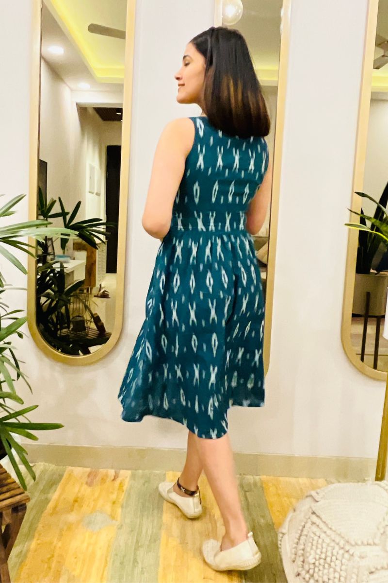 TEAL GREEN IKAT FLARED DRESS - salesmania
